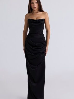 House of CB Adrienne Black Satin Strapless Corset Maxi Dress – Size Small